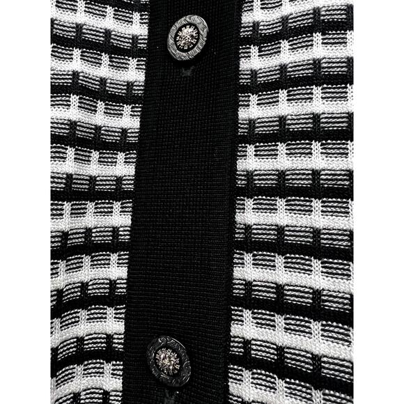 Misook Vintage 90s Black White Ribbed Knit Button Up Sweater Shirt Large Stretch - Picture 5 of 8